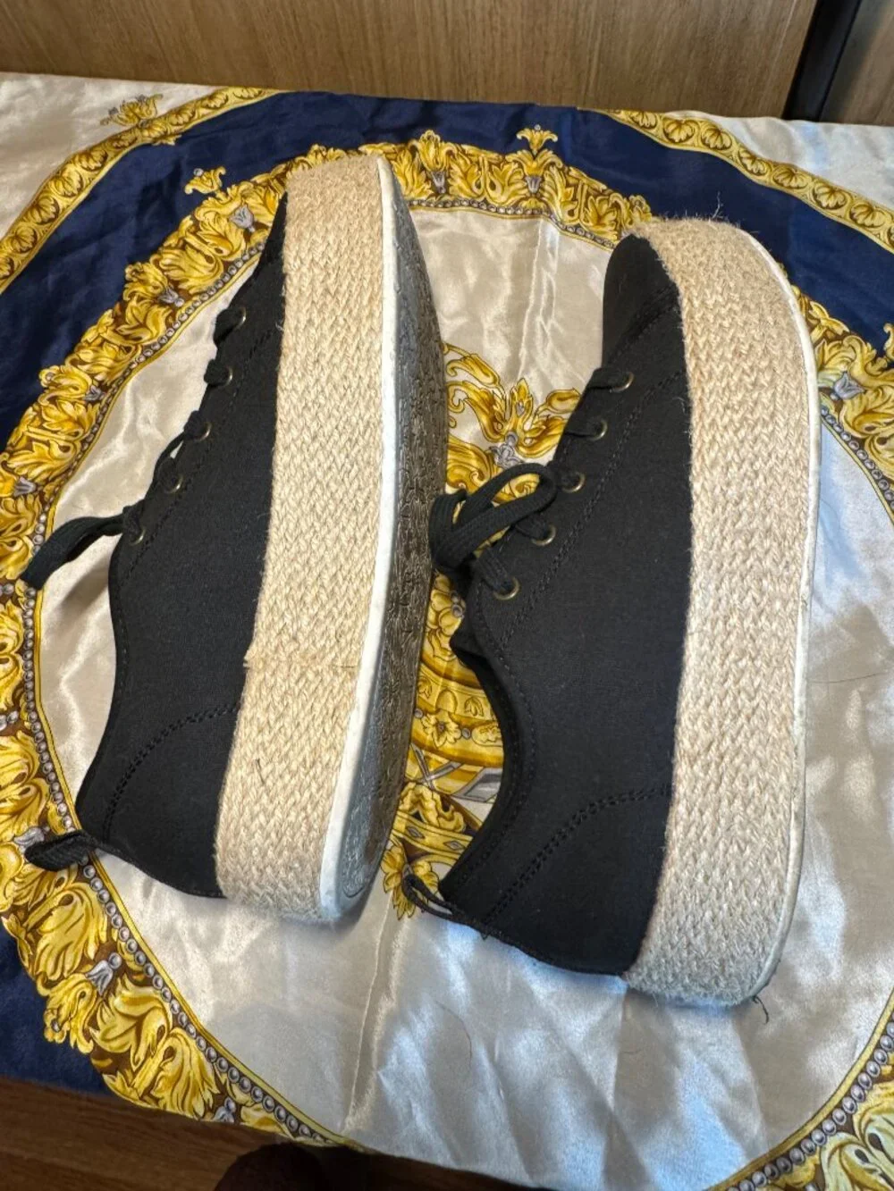 BOBS from Skechers Black Canvas Jute Platform Espadrille Sneakers Size 8